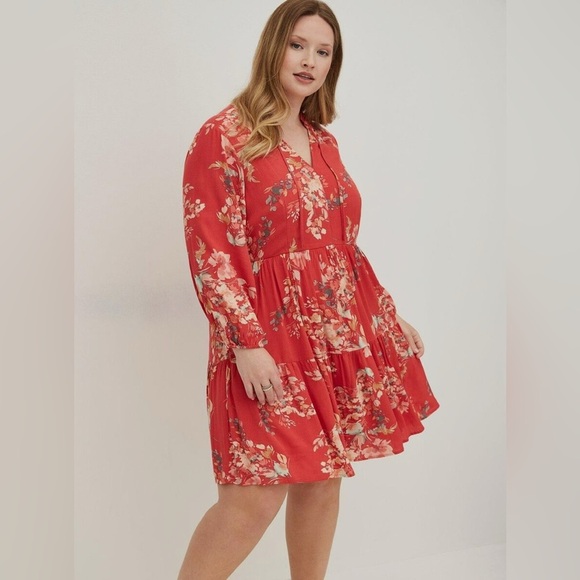 Torrid Crinkle Gauze Floral Coral Babydoll Boho Dress Size Large Spring Flowy - Picture 2 of 14